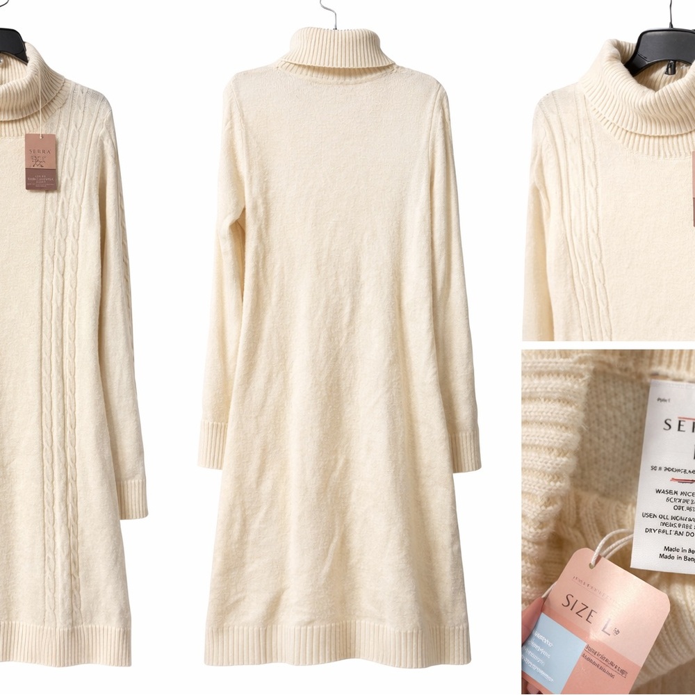 SERRA Cream Cable Knit Turtleneck Sweater Dress Size L NWT